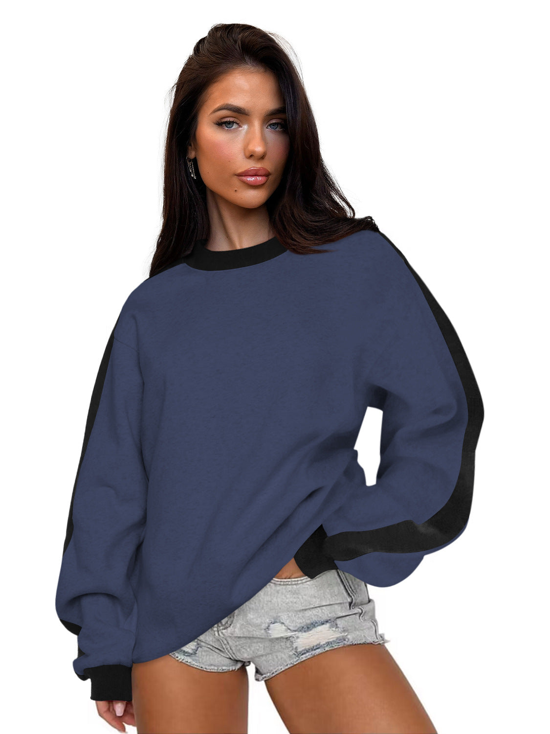 Women's Contrast Color Loose Round Neck Long-Sleeve Sweater