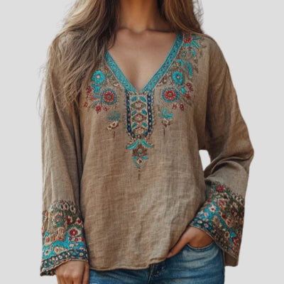 Floral Print Loose Long‑Sleeve Top – Vintage Casual Tee