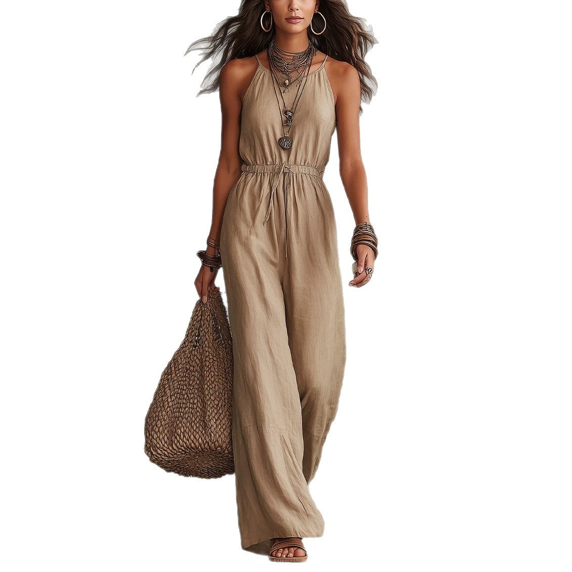 Womens Strap-style Loose-fit Wide-leg Casual Jumpsuit
