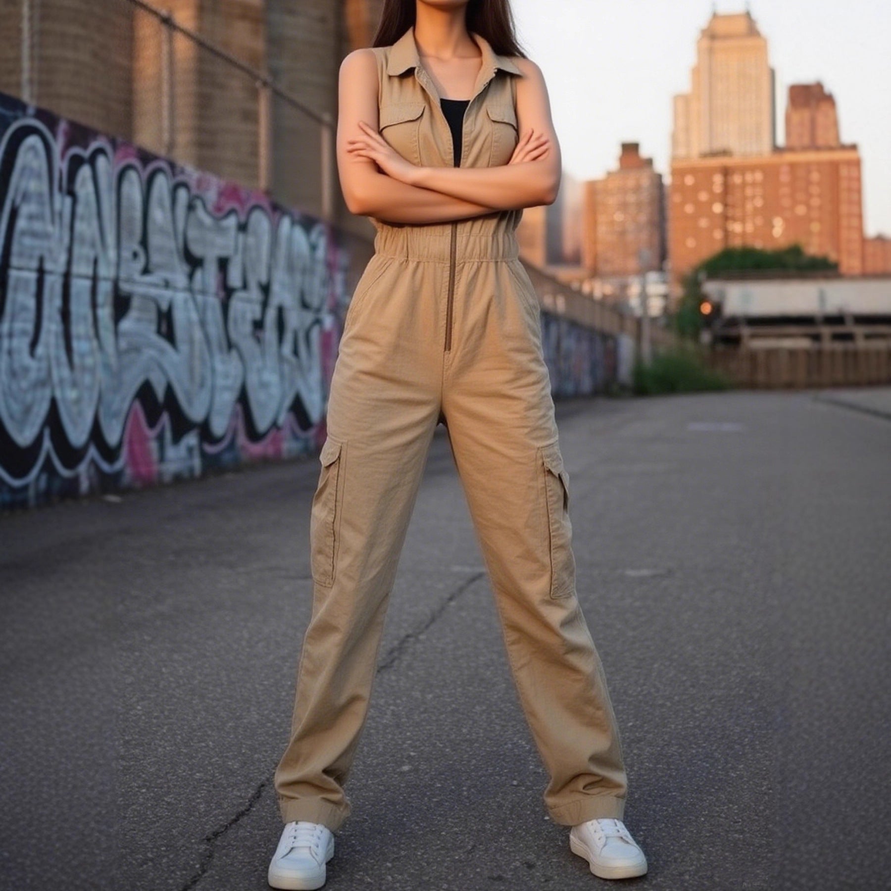 Elegant V-Neck Multi-Pocket Wide-Leg Jumpsuit