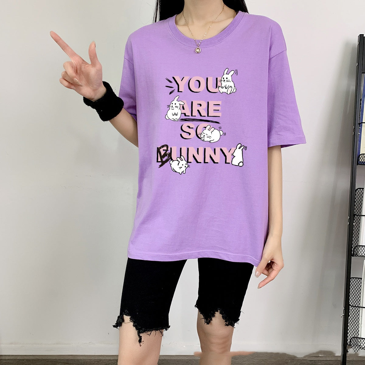 Cute Rabbit Print Cotton Short Sleeve Tee