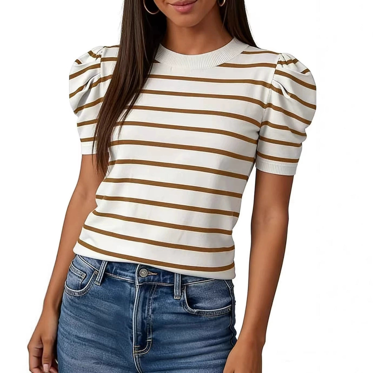 Round-neck French Retro Striped Knit Sweater for Women with Puff Sleeves and Slim-fitting Slimming Effect