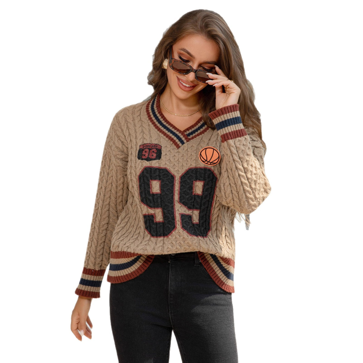 Women's Retro Thick Knit Cable V-neck Pullover Sweater