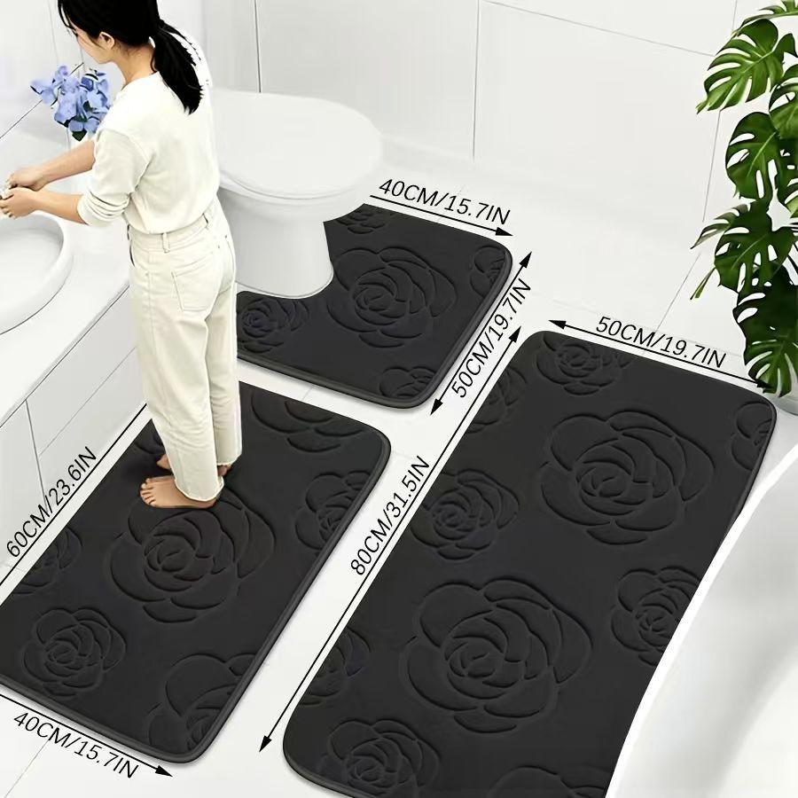 Rose-patterned Non-slip Coral Fleece Bathroom Bath Mat