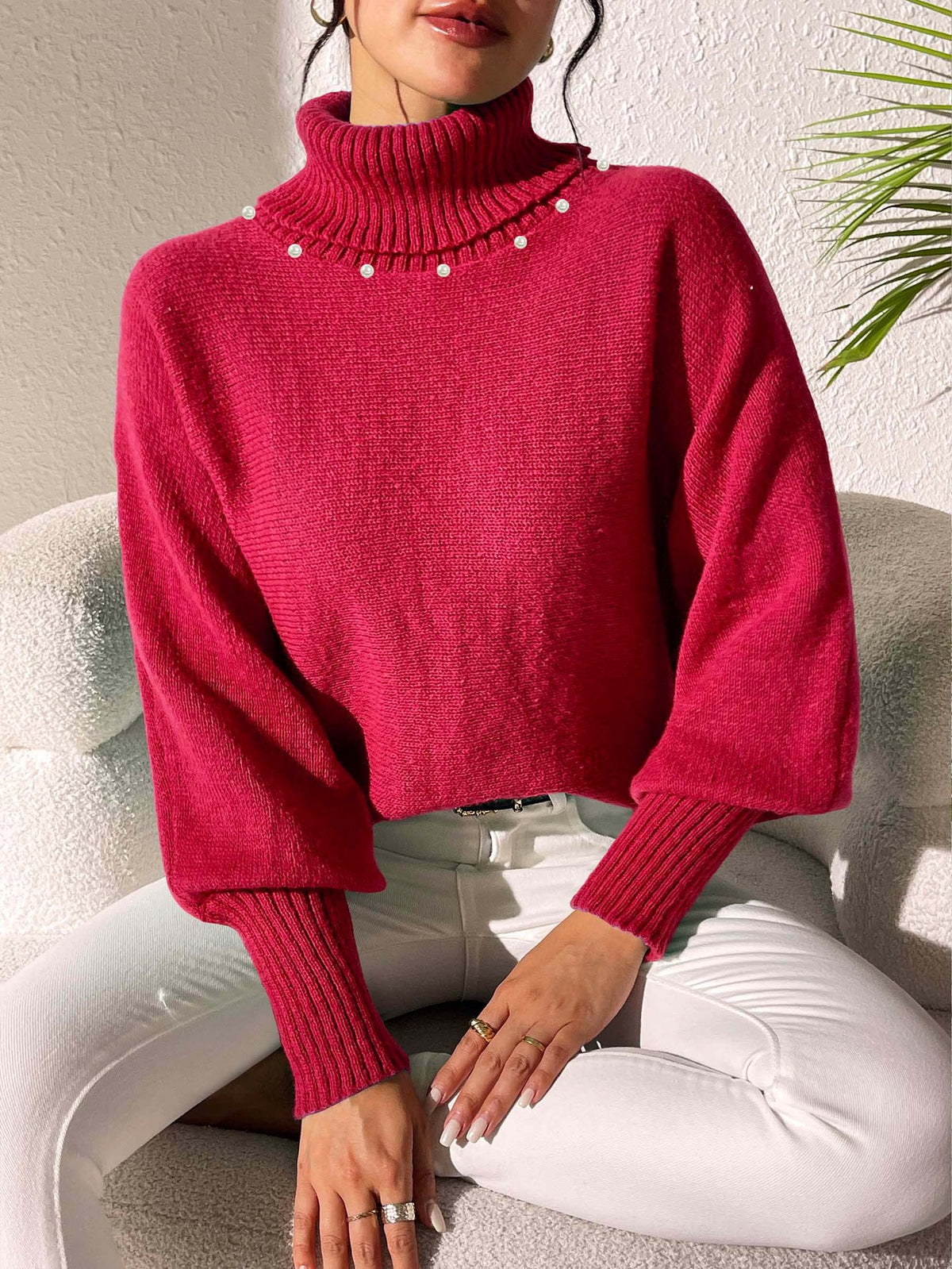 Women's Solid Color Simple Top Pearl Beaded Turtleneck Sweater Women's Base Shirt
