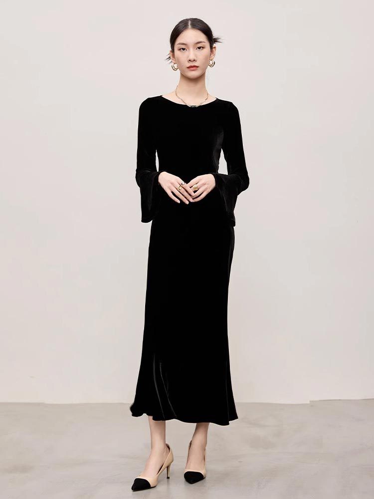 Temperament Long Sleeve Slim Fit Long Dress Women's Vintage Velvet…