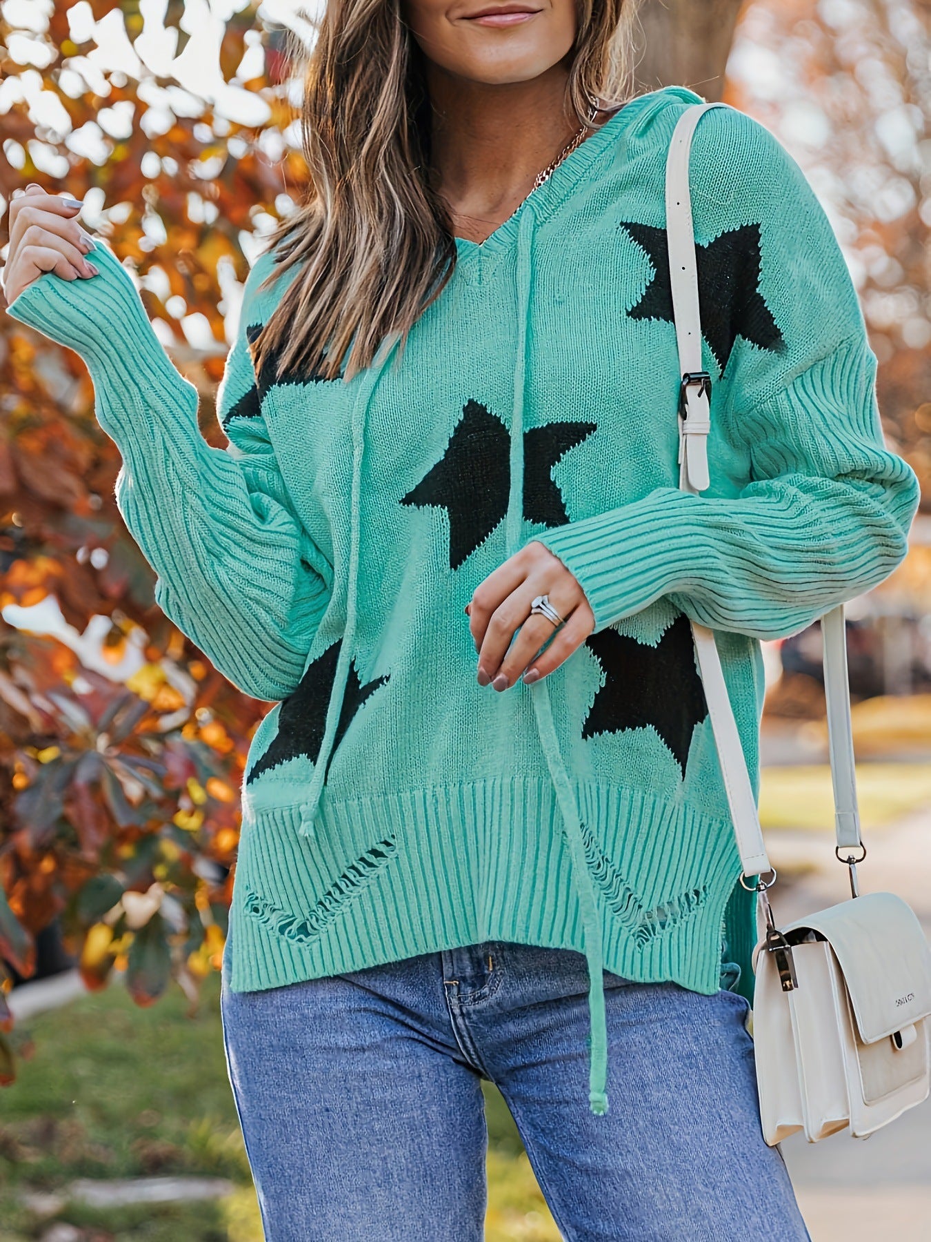 Plus Size Hooded Drawstring Knitted Pullover Sweater