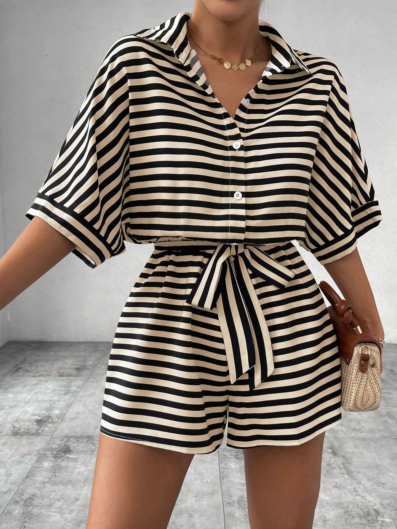 Summer Striped Lapel Belted Jumpsuit