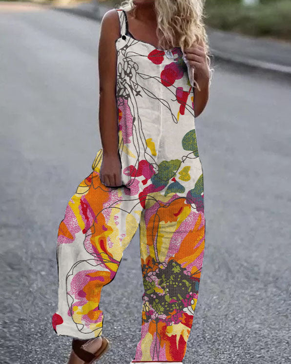 Printed Casual Beach Jumpsuit with Suspenders