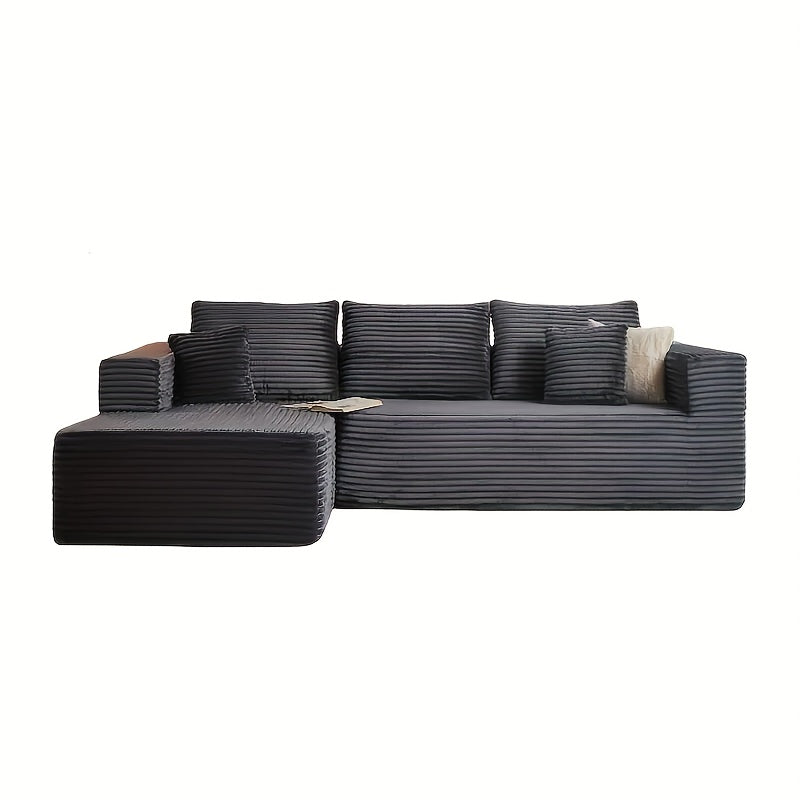 Modular L-shaped chaise longue sofa bed with deep seat and corduroy upholstery