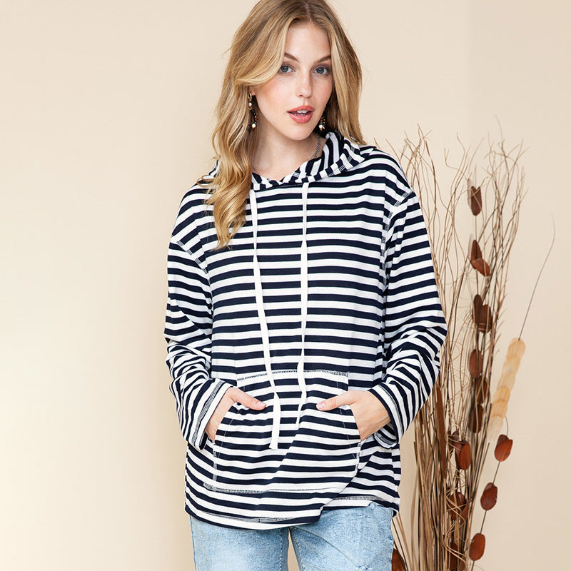 Women's Striped Casual Hooded Pullover Sweater