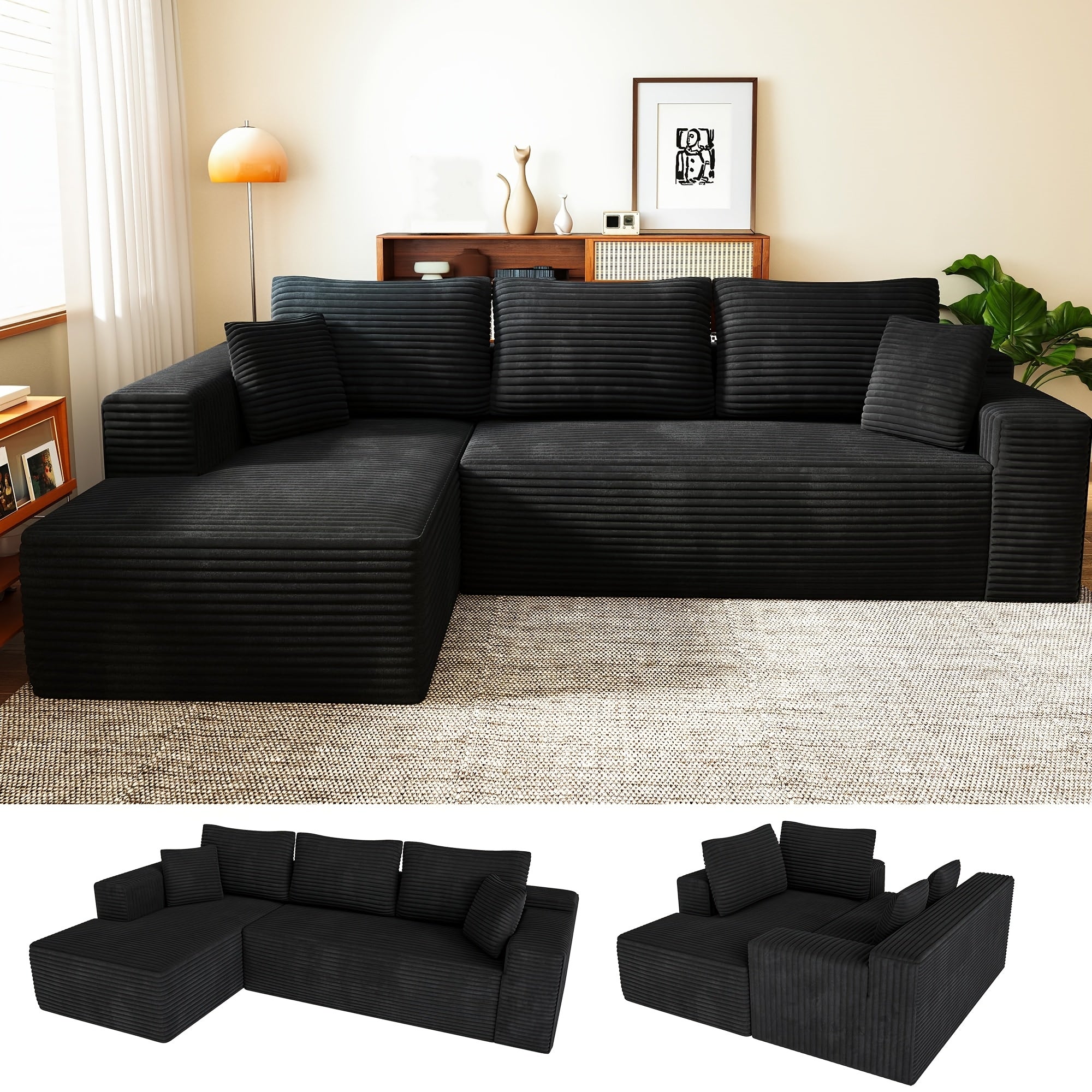 Modular L-shaped chaise longue sofa bed with deep seat and corduroy upholstery