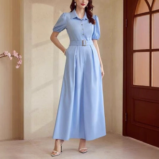 Elegant French Puff Sleeve Belted Wide-Leg Jumpsuit