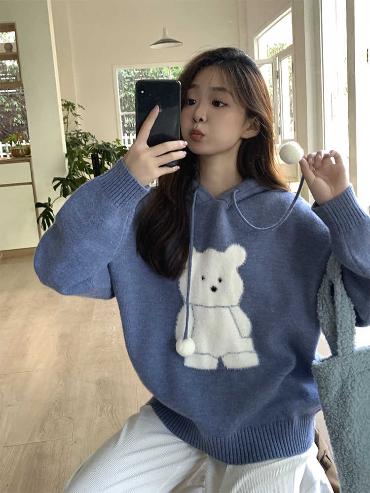 Cozy Bear Loose Knitted Hooded Sweater for Women