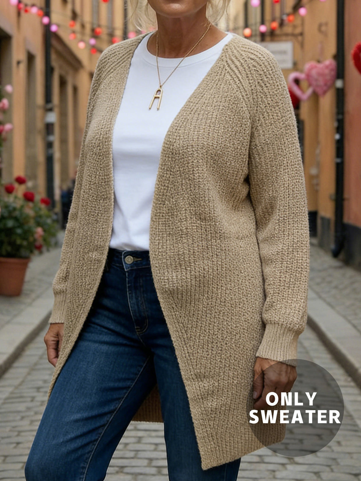 Relaxed Fit Mid Length Knit Cardigan Ladies Long Sleeve Open Front Versatile Outer Sweater