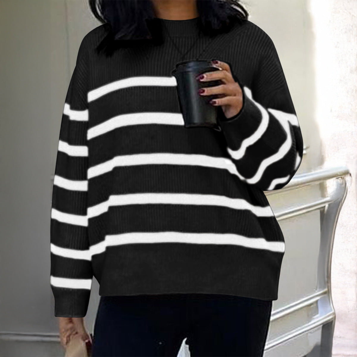 European and American Casual Striped Knitted Long-sleeved Top