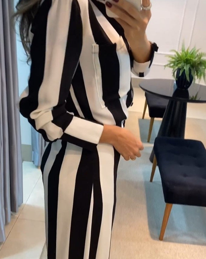 Chic Striped Button Shirt & Wide Leg Pants Set