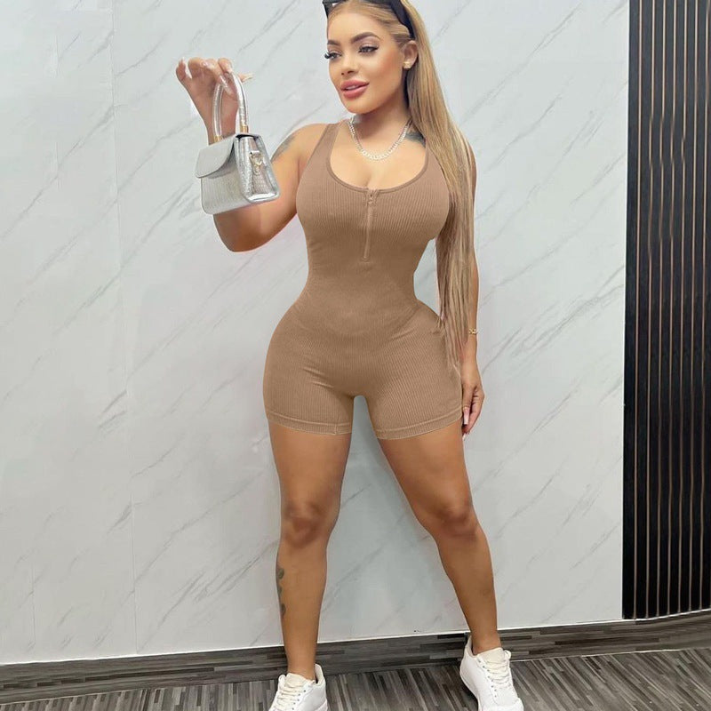 Solid Color Small Sunken Stripe Halter Low Collar Low-cut Zipper Design Tight Jumpsuit
