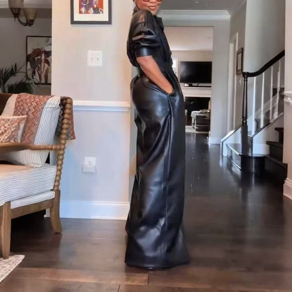 Black PU Retro Loose Leather Pocket Jumpsuit