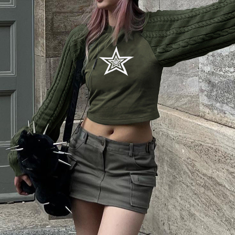 Star Print Contrast Raglan Sleeve Trendy Sweater