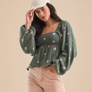 Flirty Embroidered Puff Sleeve Top – Wine Red, Dark Green, Blue