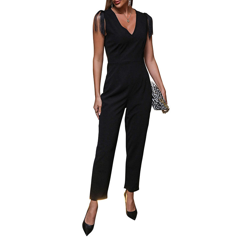 Elegant V-Neck Tassel Camisole Jumpsuit