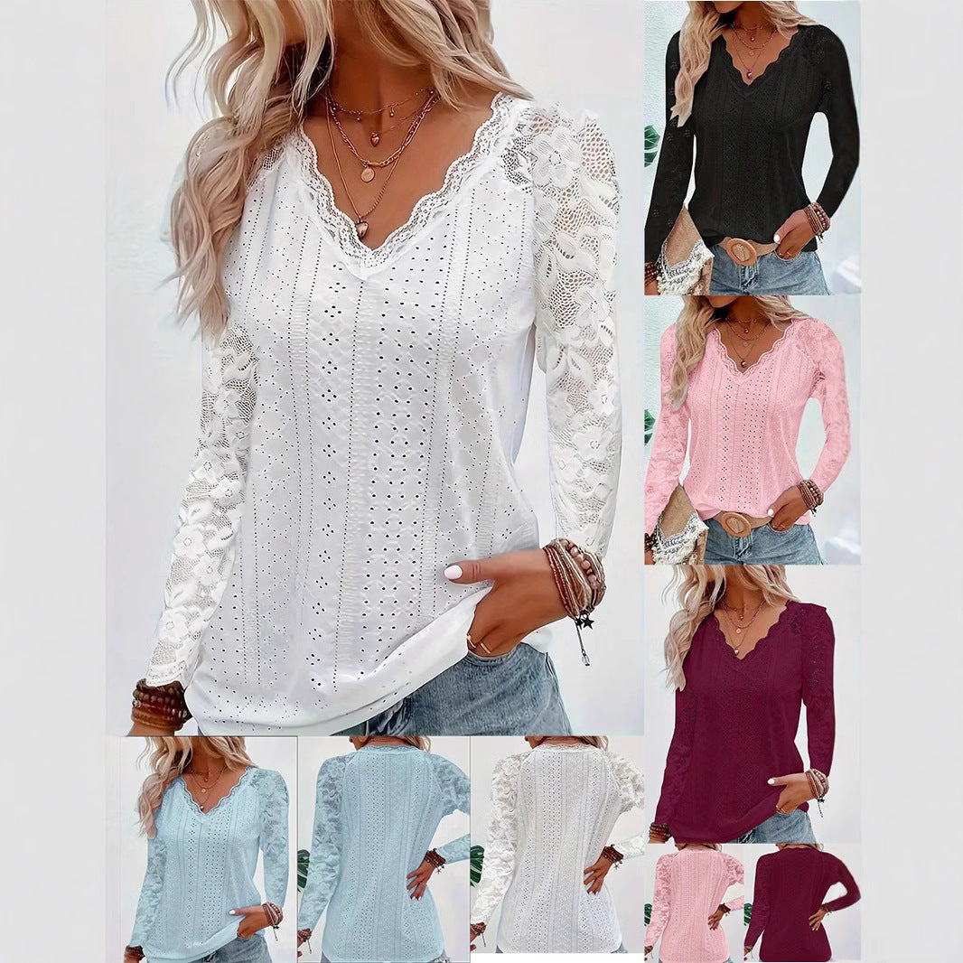 Elegant Long Sleeve Lace-Panel Hollow-Out Top