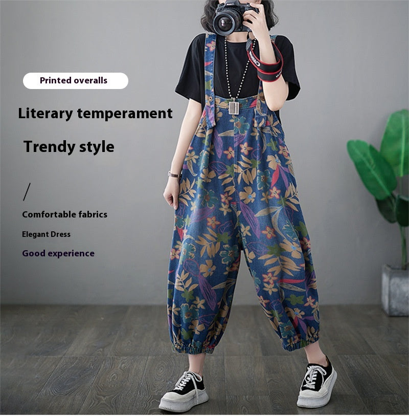 Loose Slimming Slim Fit Printed Cropped Denim Suspender Pants