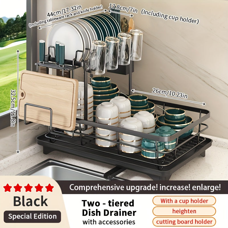 Double Tier Large Metal And Carbon Steel Cutlery Rack For Kitchen Countertop, Space Saving And Durable, With Knife, Fork And Cup Holders And Draining Board, Rustproof Large Two Tier Metal Cutlery...