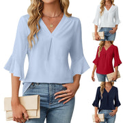 Womens Casual Chiffon Blouse With V-Neck And Ruffle Sleeves