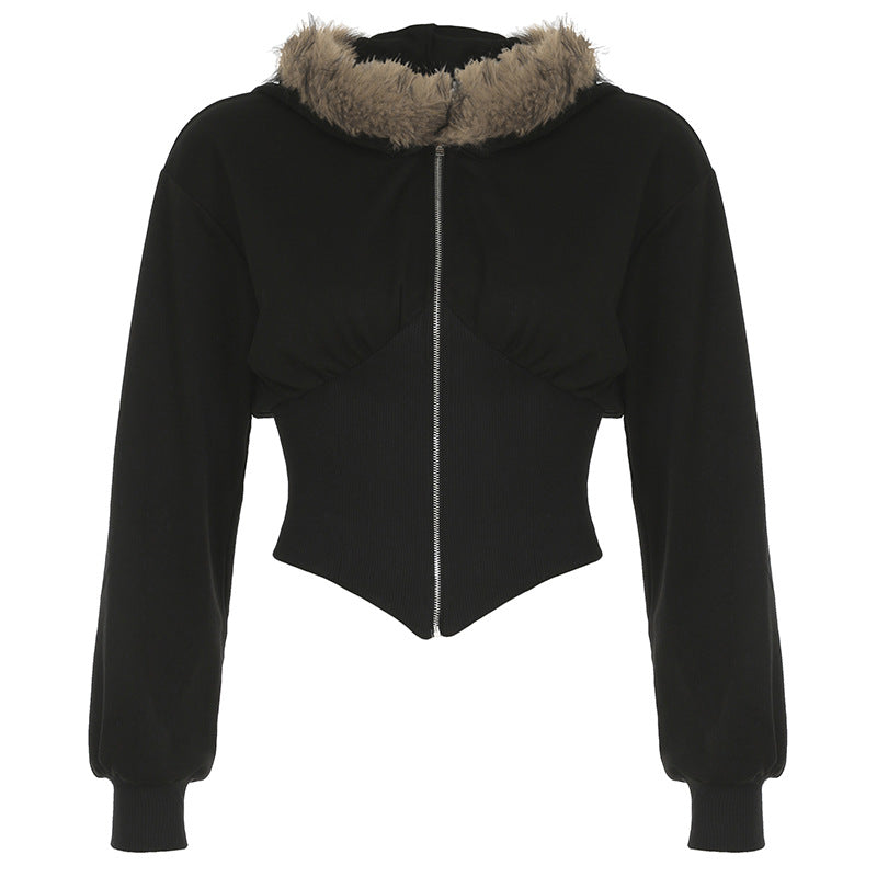 Women's Fur Collar Hooded Cardigan Sweater