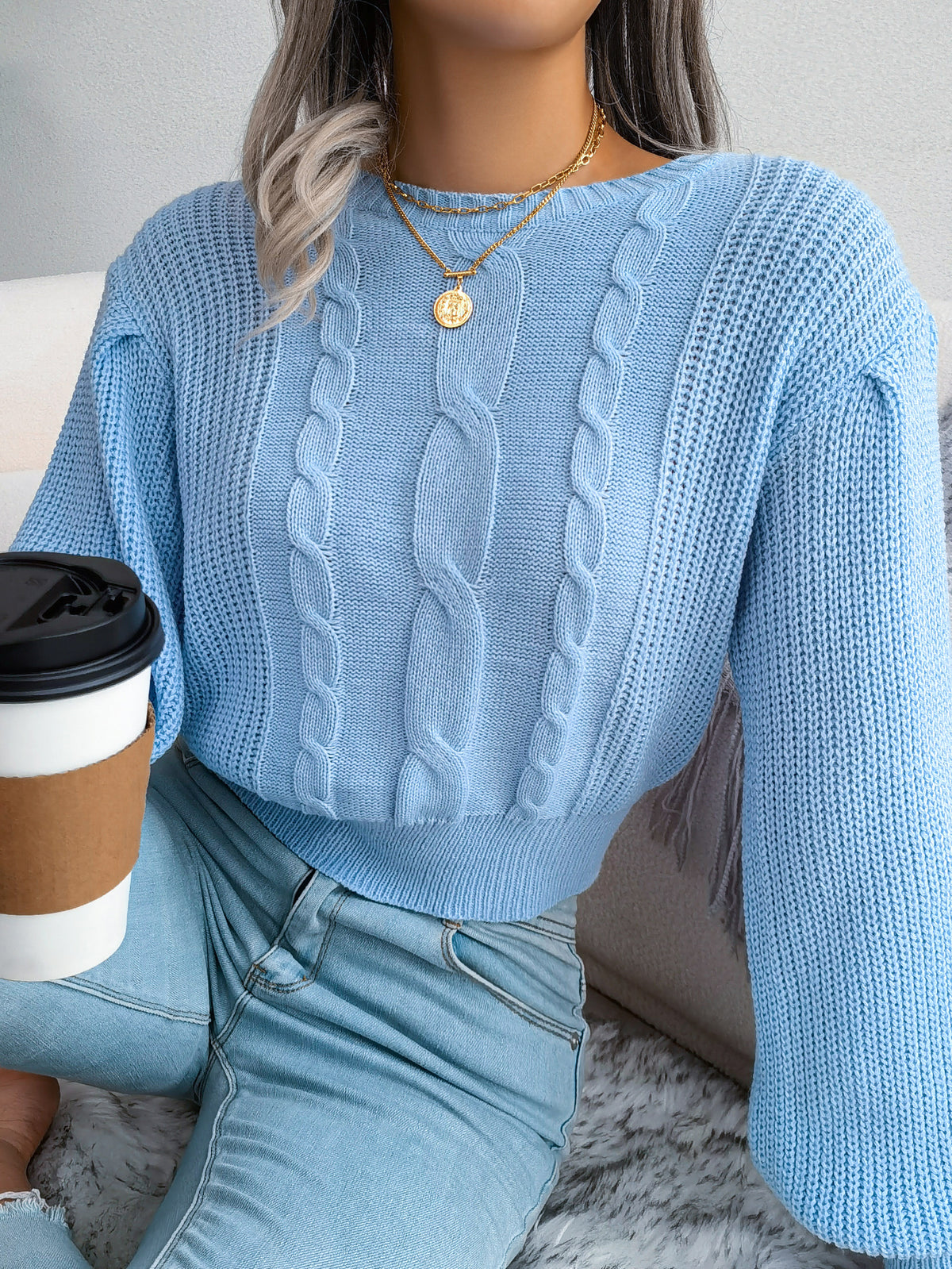 Women Casual Cable Knit Lantern Sleeve Cinched Sweater