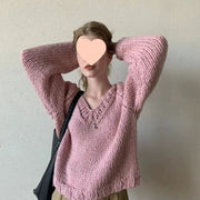 Hand-knitted Cotton-blend Sweater with a Solid-color Collar Chunky Knit Outerwear-style Pullover