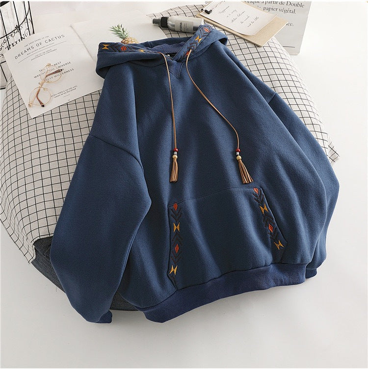 Korean Style Geometric Embroidered Loose Hoodie