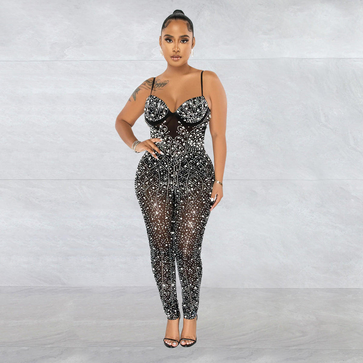 Rhinestone Mesh Sleeveless Jumpsuit