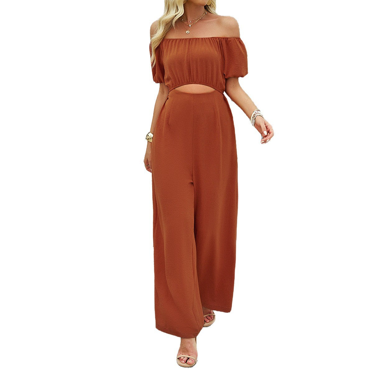 Women's Off-Shoulder Puff Sleeve Wide Leg Jumpsuit