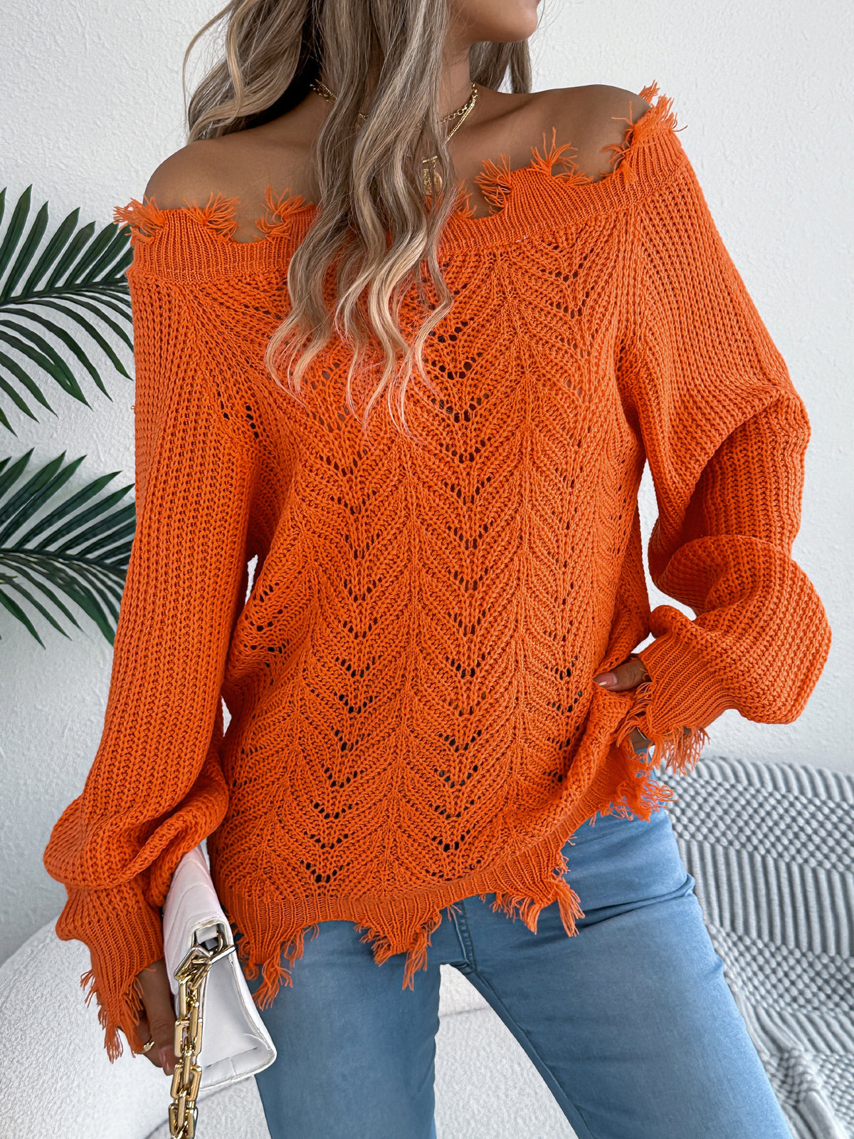 Women Solid Color Hollow Out Long Sleeve Distressed Off-shoulder Pullover Sweater