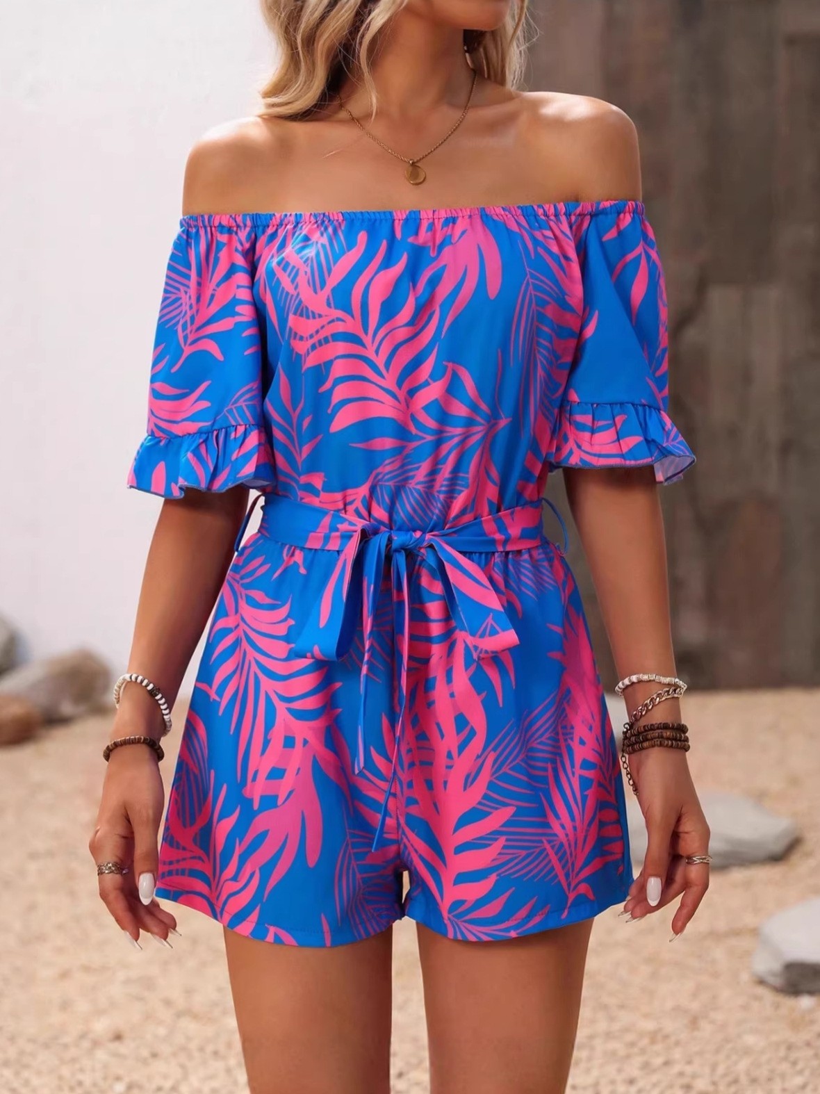 Women Off Shoulder Ruffle Sleeve Printed Belted Waist Cinching Jumpsuit