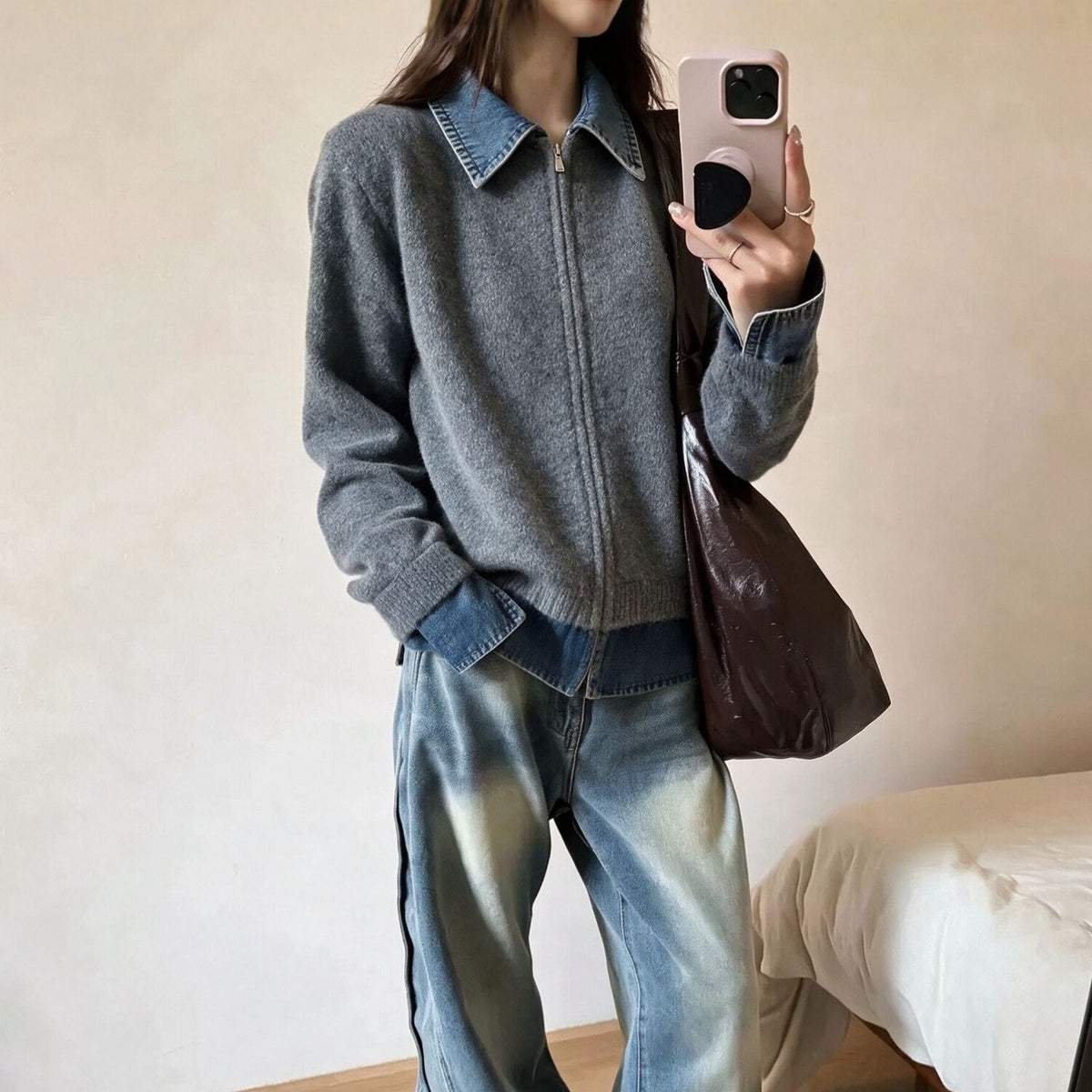 Notch-collar Denim Patchwork Womens Loose Casual Long-sleeve Sweater Coat