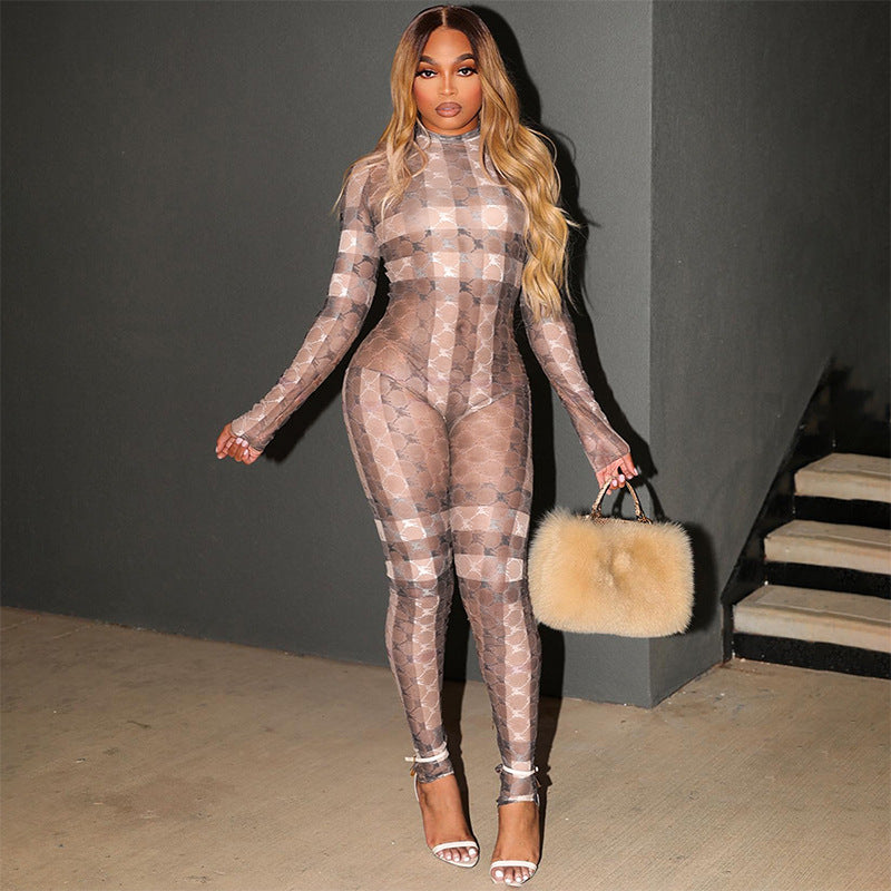 Chic Printed Long Sleeve Tight Jumpsuit
