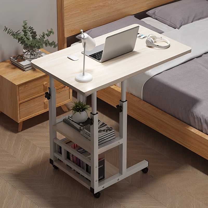 Mobile Laptop Table Height-Adjustable Mobile Laptop Table - 4-Wheel Rolling Study/Workstation Desk with Dual Shelves for Bedside/Dorm/Office Use, Sturdy Modern Finish (Space-Saving Design)
