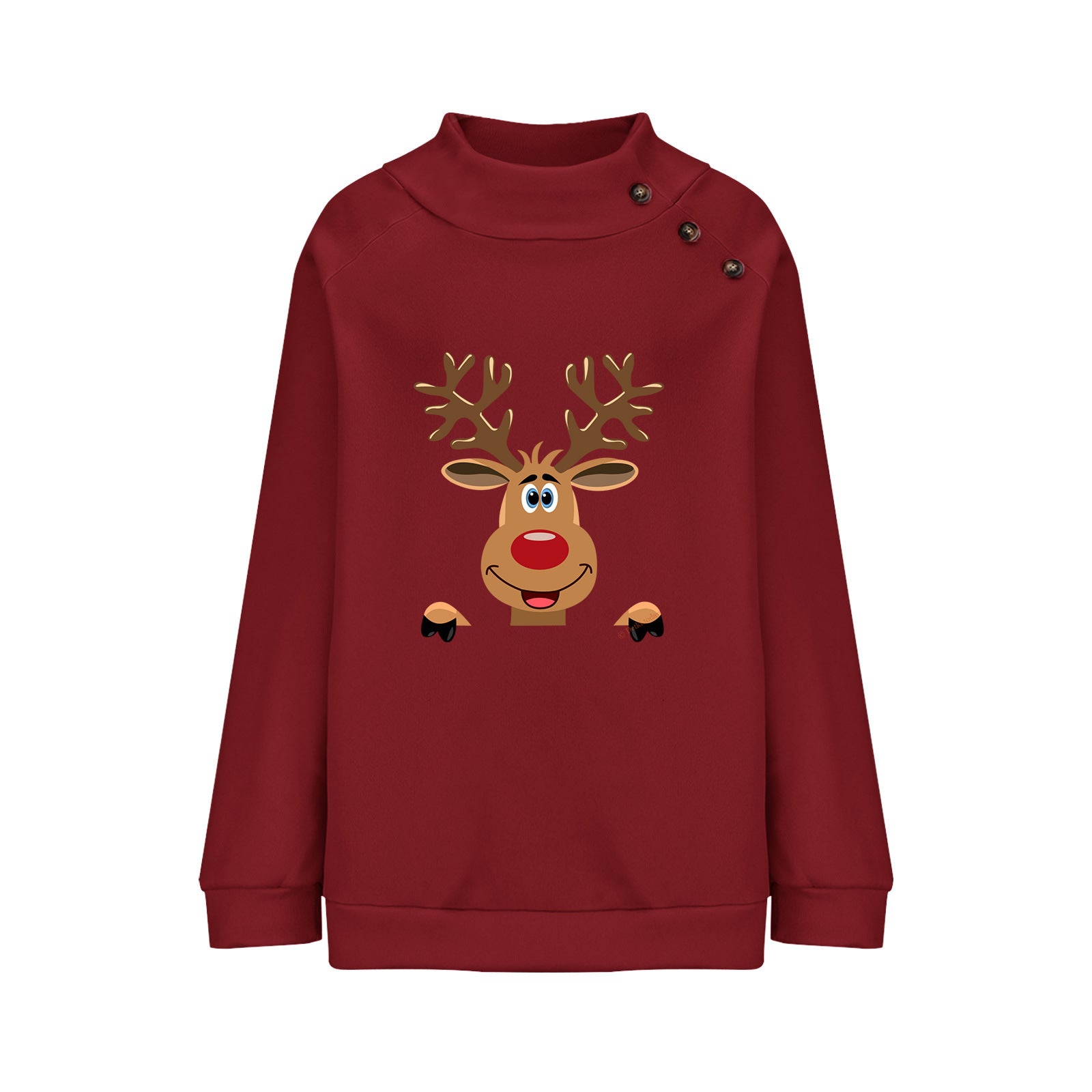 Deer Cartoon Turtleneck Buttons Loose Long Sleeve Sweatershirt Female