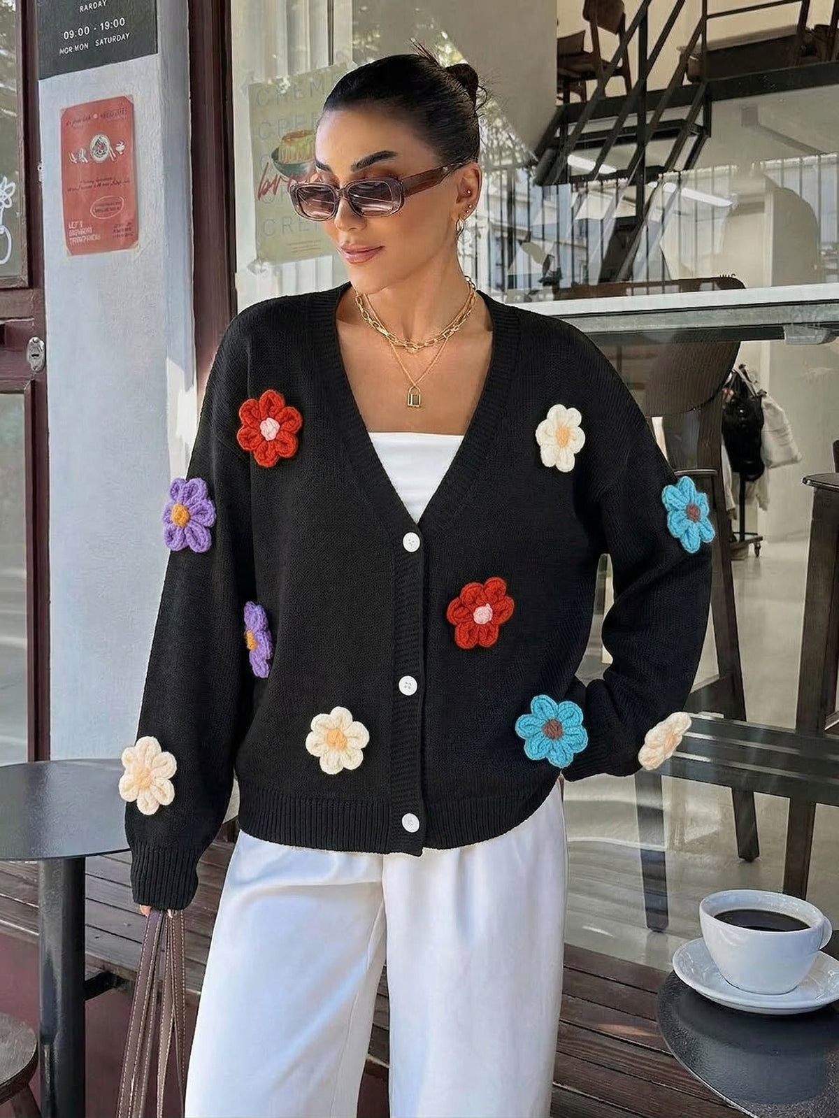 Ladies Colorful Flower Knit Cardigan Loose Long Sleeve Casual Layering Outerwear