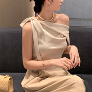Off‑Shoulder Slash‑Neck Top with Bow Tie – Slim Fit, 5 Colors
