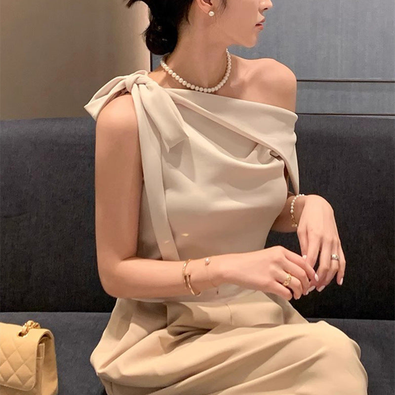 Off‑Shoulder Slash‑Neck Top with Bow Tie – Slim Fit, 5 Colors