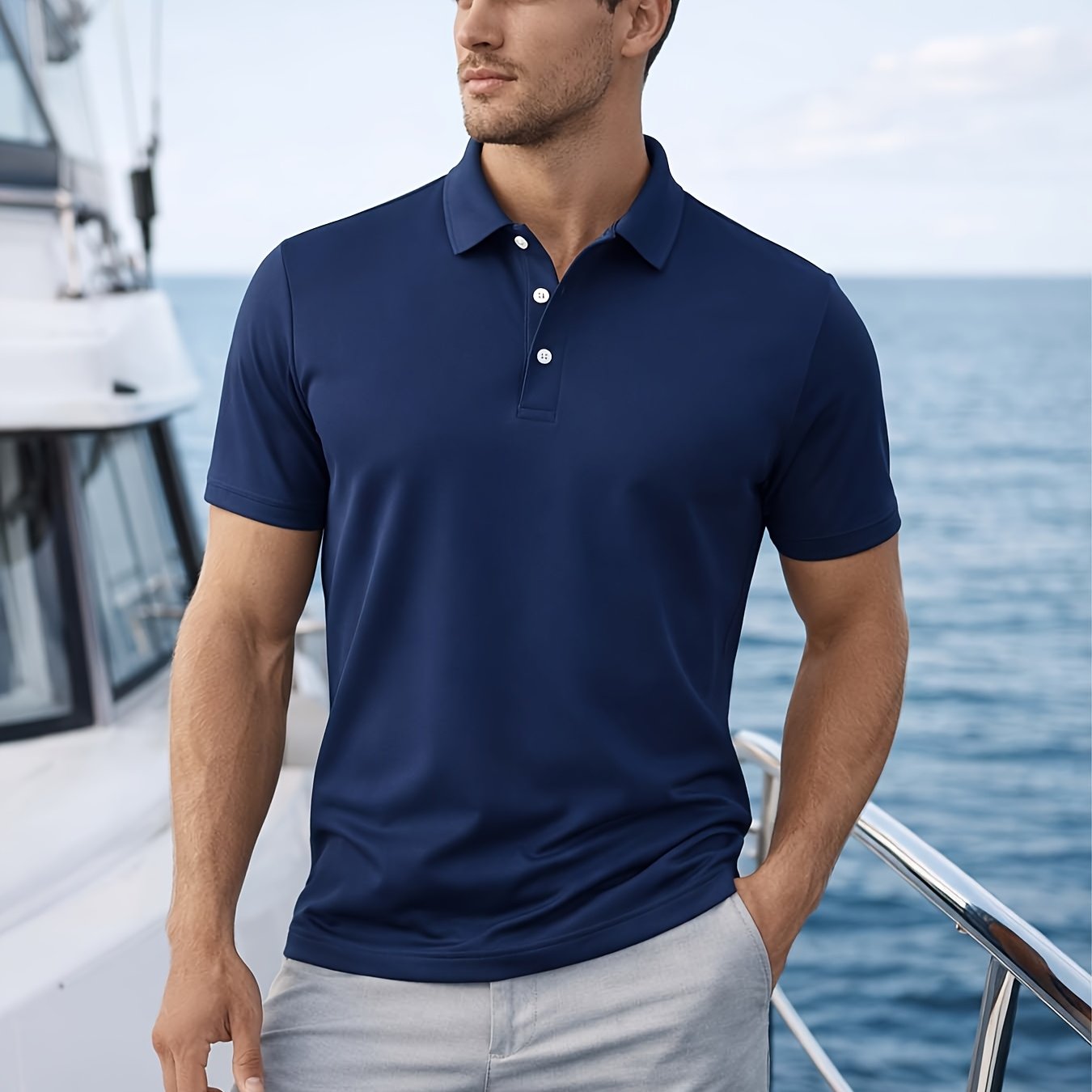 Men's Short Sleeve Button-Up Collar Polo Shirt in Polyester