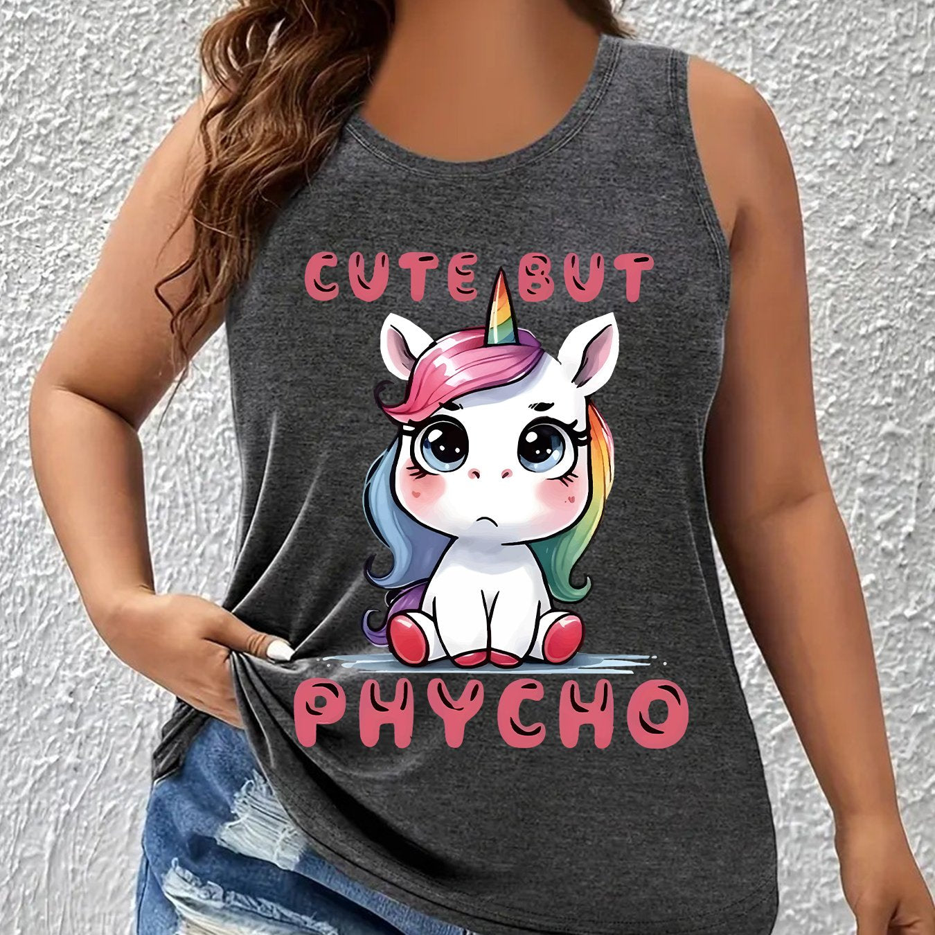 Plus Size Women's Unicorn Print Tank Top – Round Neck, All‑Season