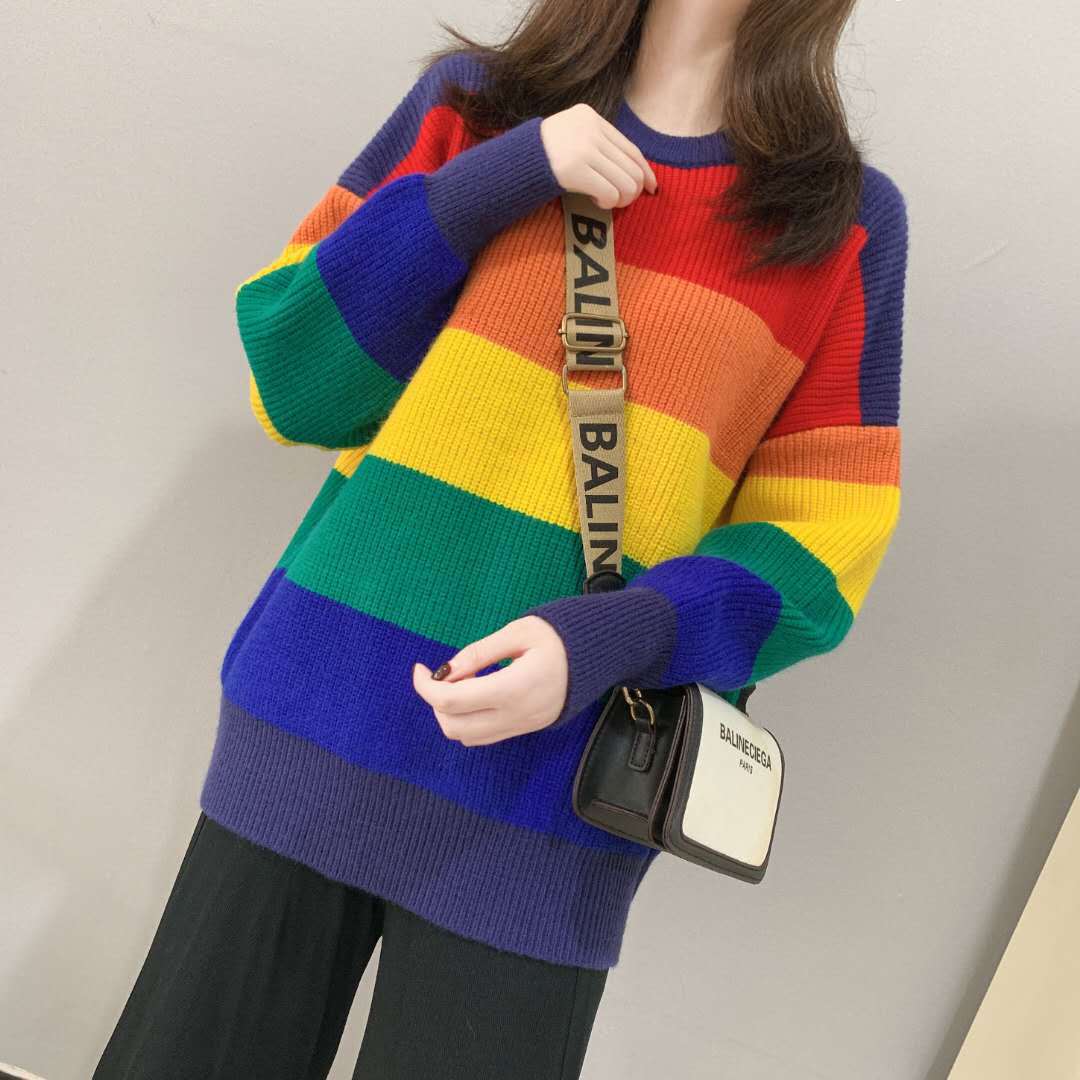 Rainbow Sweater Women's Loose-fit Outerwear Korean Style