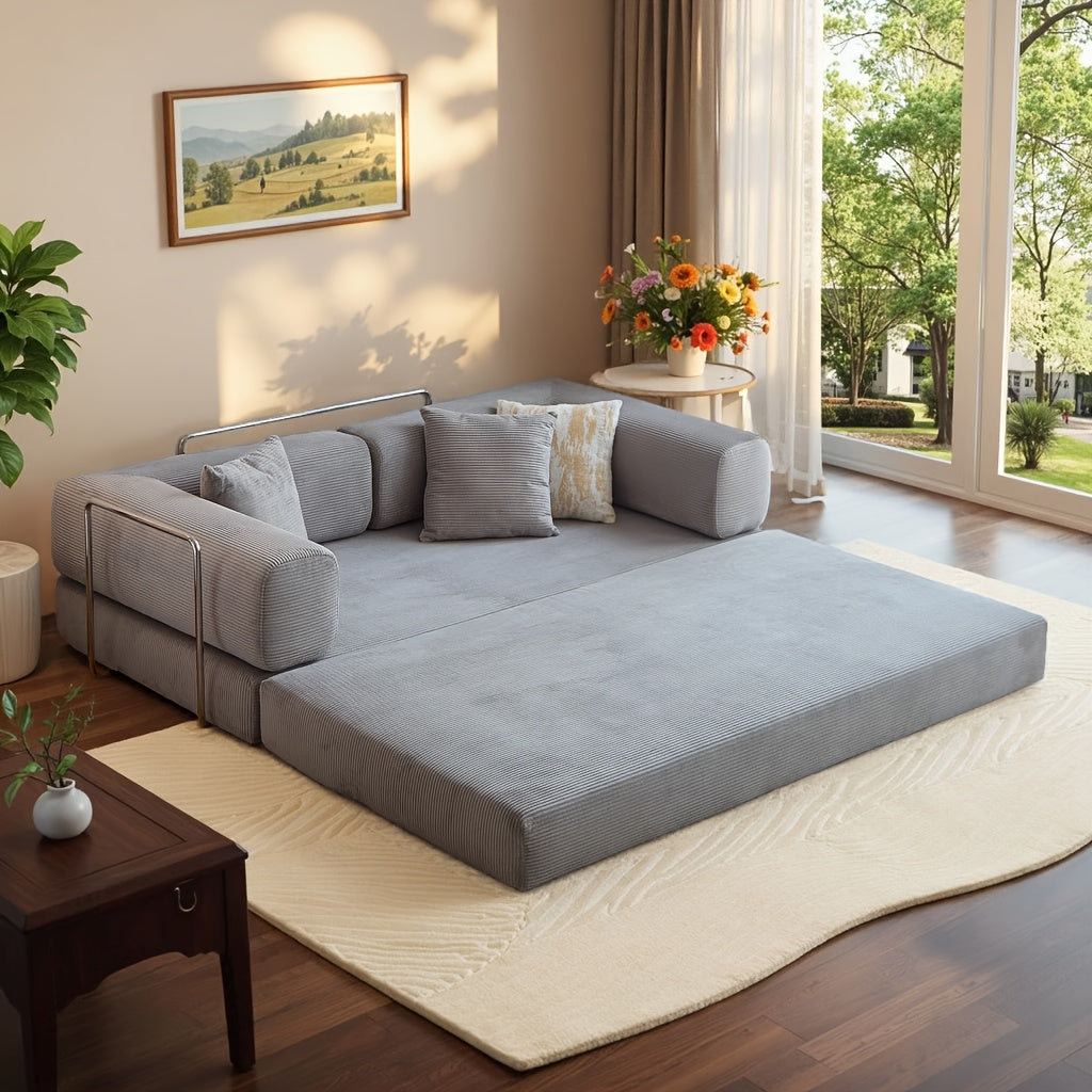 Modular L-shaped chaise longue sofa bed with deep seat and corduroy upholstery