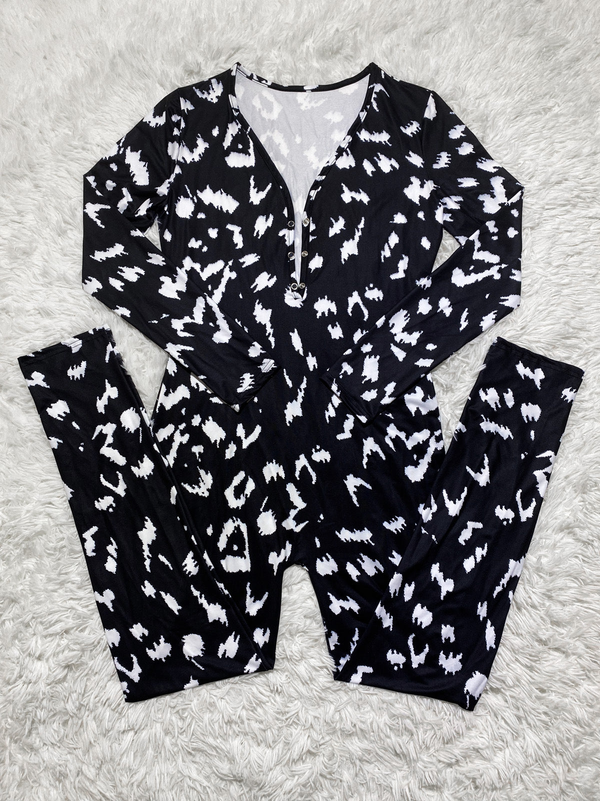 Chic Leopard Print Long Sleeve Home Jumpsuit